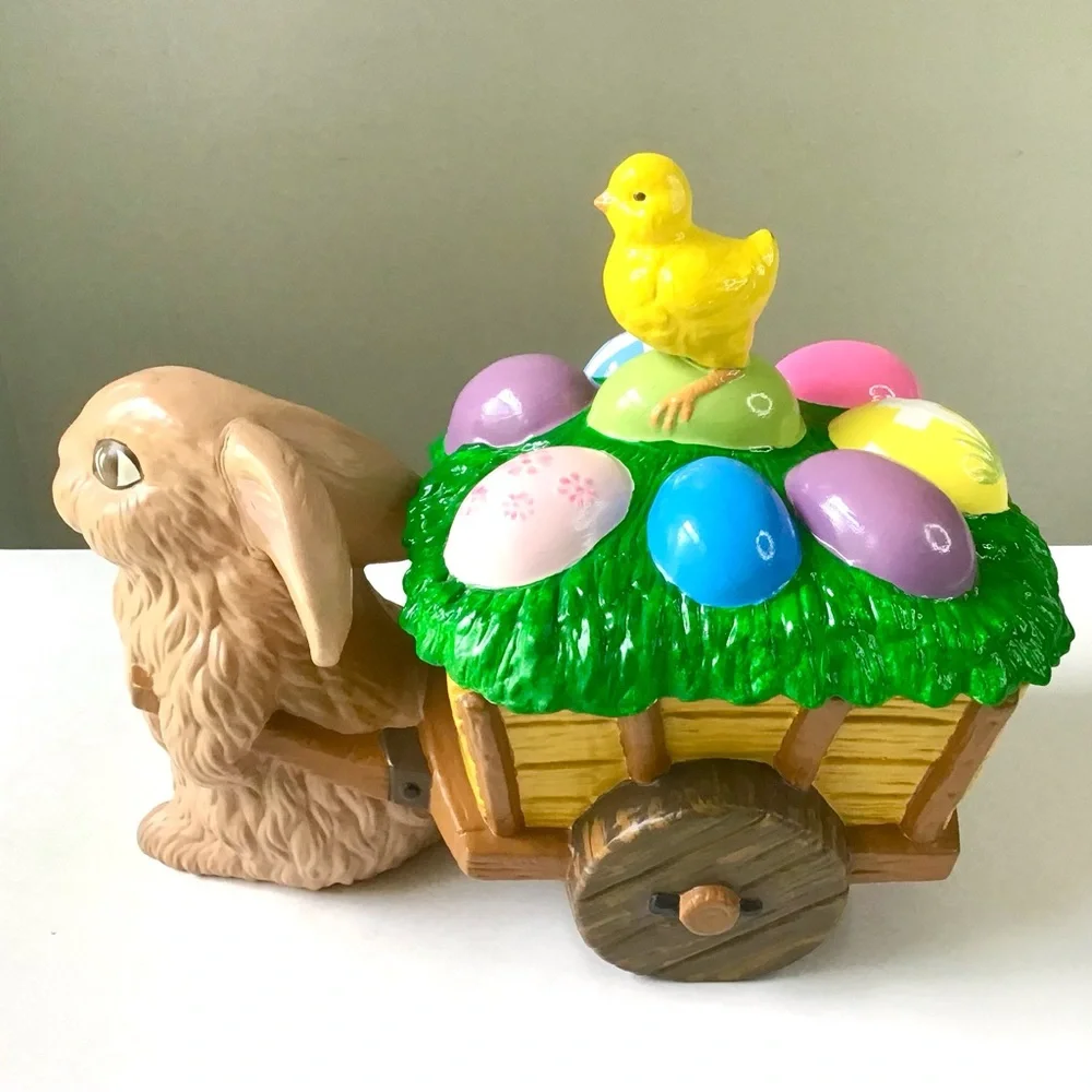 Vintage Easter Bunny Pulling Wagon Cart of Eggs Chick Large Covered Ceramic Dish